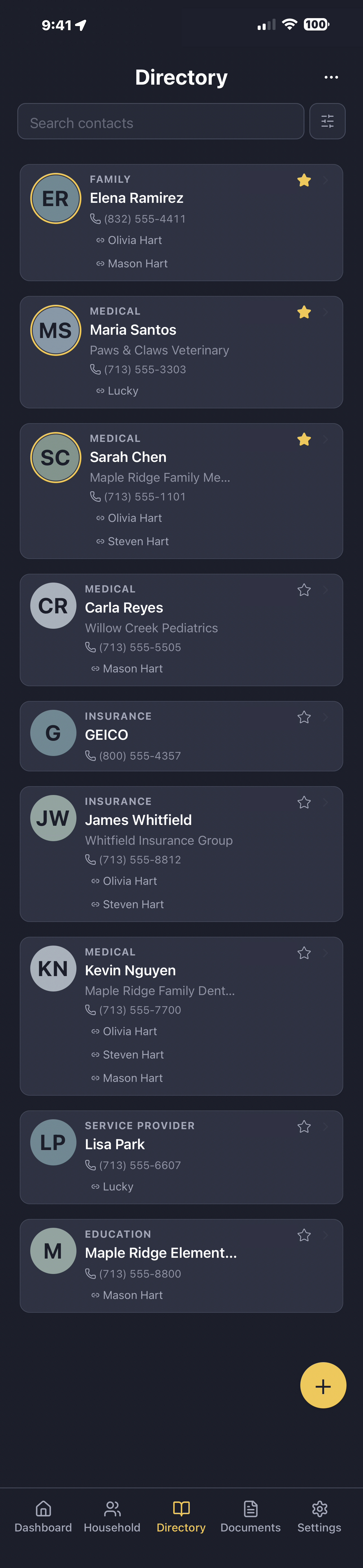 LifeVault Directory screen — contacts scoped to household, single profiles, and multiple profiles