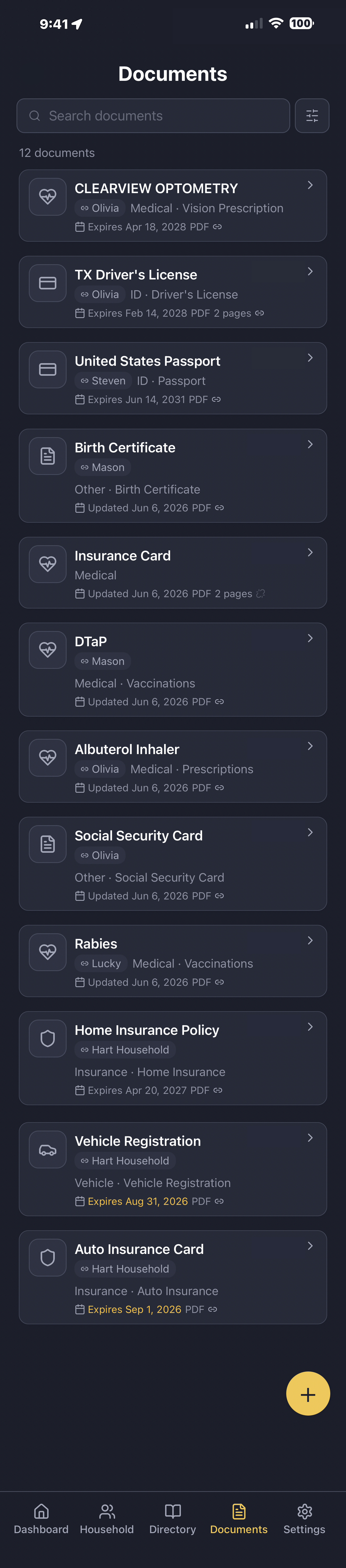 LifeVault Documents screen — every document linked to a profile, with record type tags like Insurance, ID, Medical