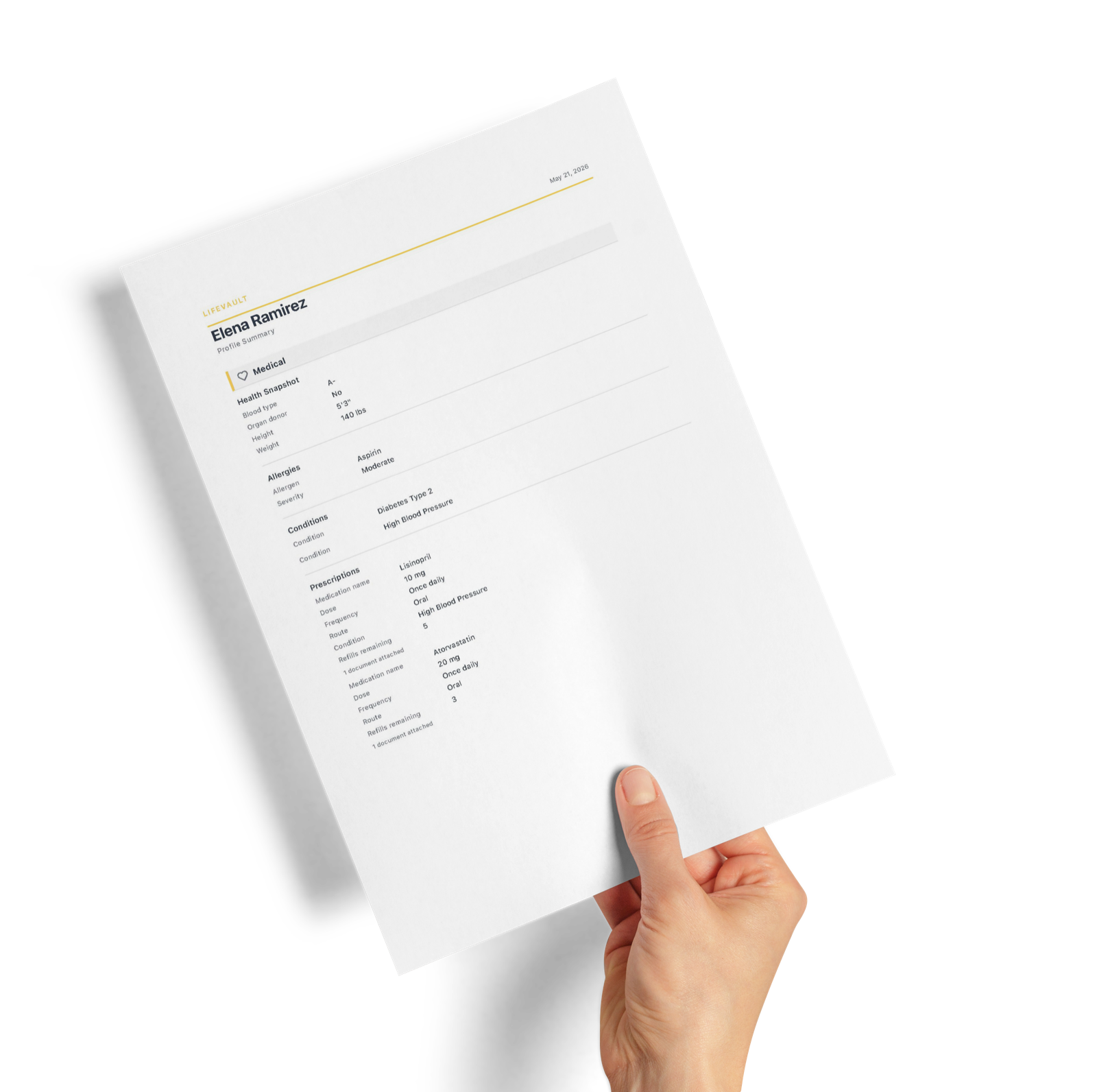 Hands holding a generated LifeVault caregiver profile PDF