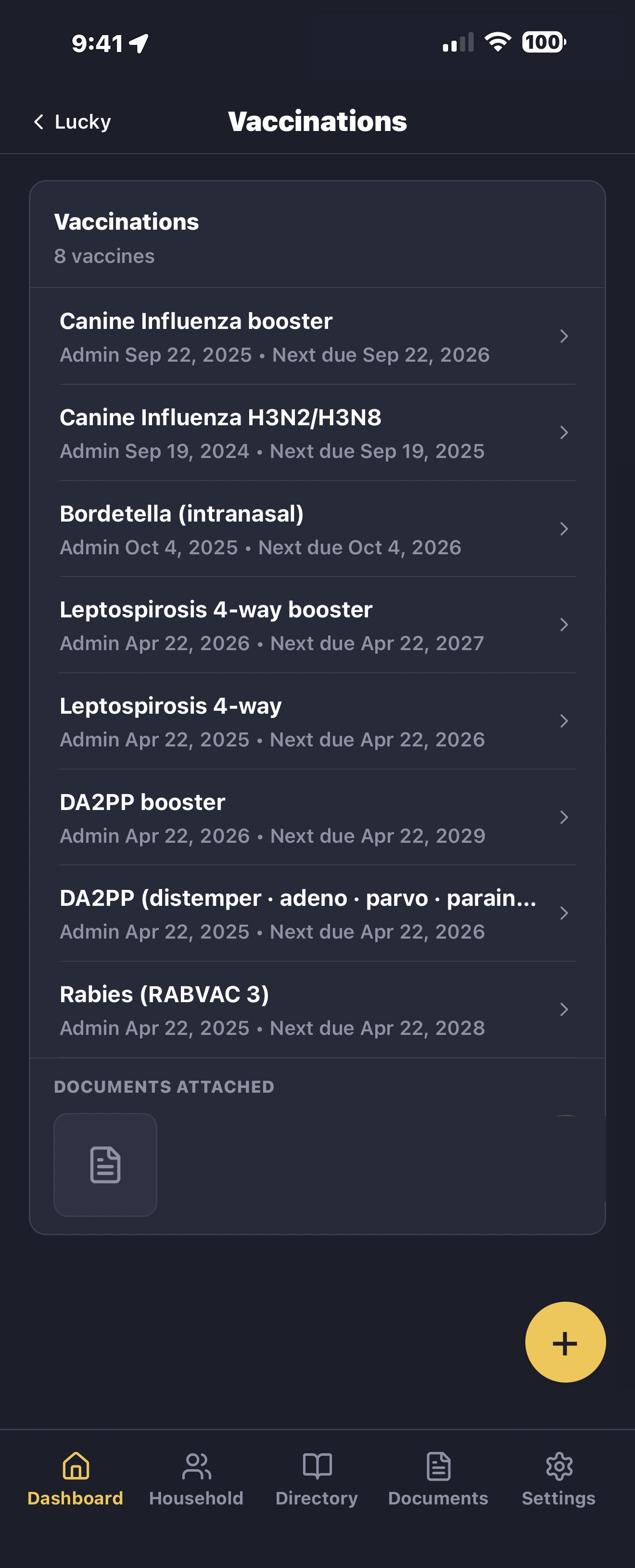 LifeVault pet vaccination record showing vaccine name, date given, expiration, and administering vet