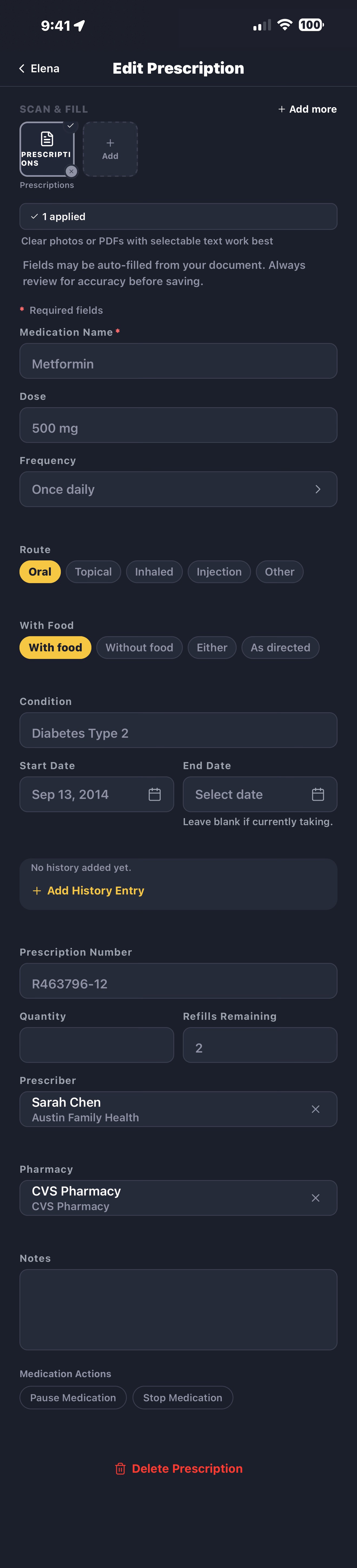LifeVault prescription record showing all fields