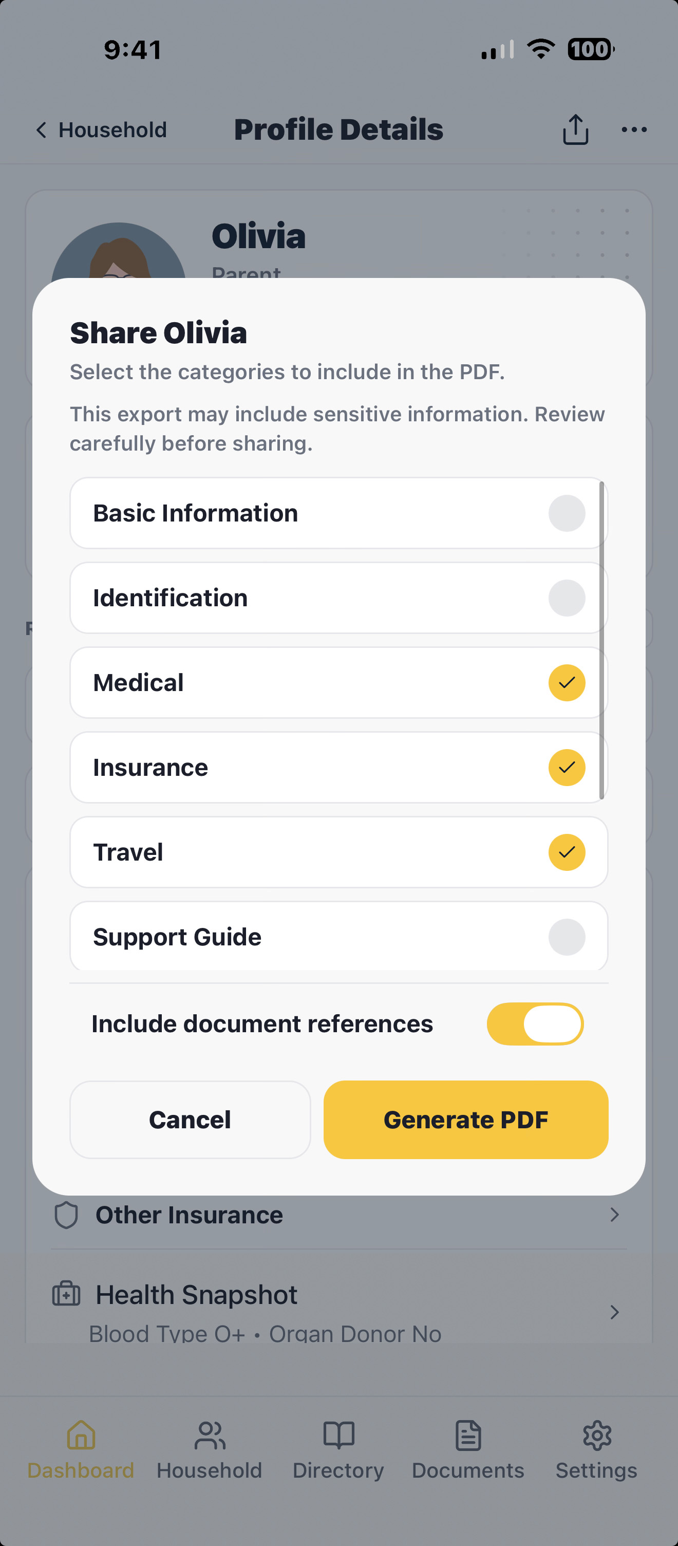 Share sheet — select sections to include, then send via Messages, Mail, AirDrop, or any other app